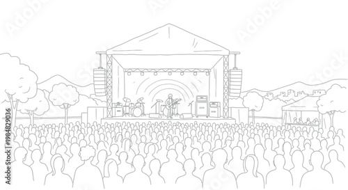Solo musician playing electric guitar on a large outdoor concert stage while a massive crowd of people watches the live musical performance during a bright day in an open public park