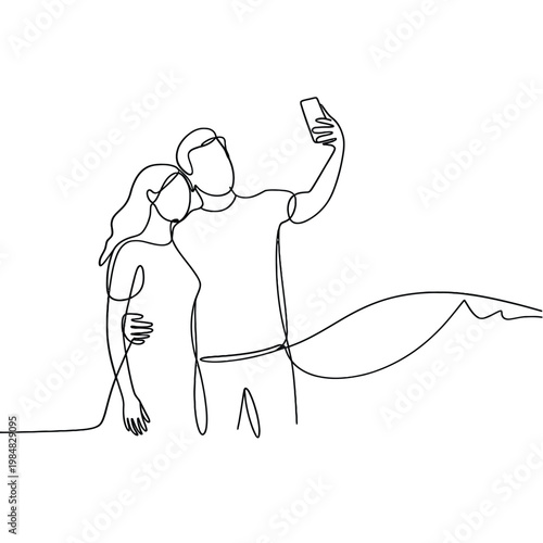Couple taking a selfie with a phone in continuous line drawing style