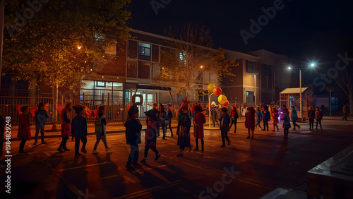 Children's evening gathering outside school with balloons and lights