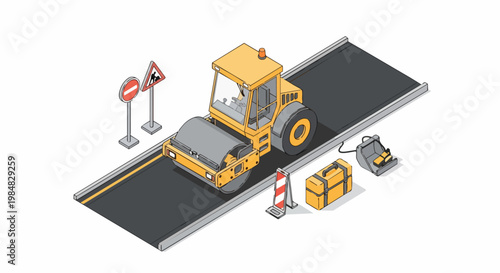 Isometric Illustration of a Yellow Road Roller Compacting Asphalt on a Construction Site with Signs
