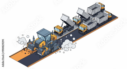 Isometric Illustration of Road Construction Process with Asphalt Paver Machine and Heavy Duty Dump Trucks