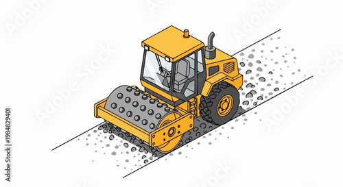Wallpaper Mural Isometric Yellow Padfoot Road Roller Compacting Gravel on Construction Site Illustration Torontodigital.ca