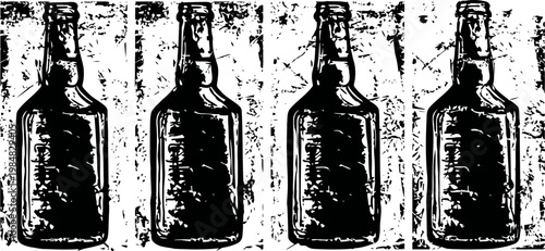 Four vintage beer bottles silhouette in a row with grunge texture background