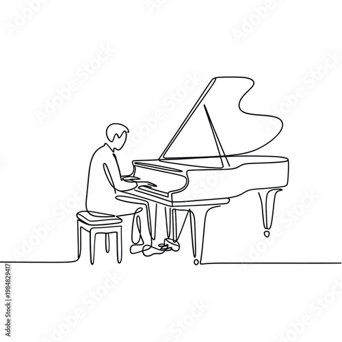 A continuous line drawing depicts a man playing a grand piano
