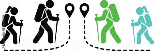 Hikers following a marked trail with green and black icons representing progress and direction