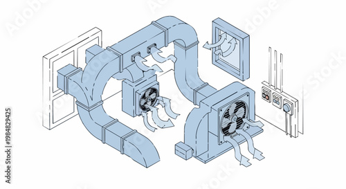 Wallpaper Mural Isometric HVAC Ventilation System Diagram with Airflow Ductwork and Exhaust Fans for Industrial Buildings Torontodigital.ca