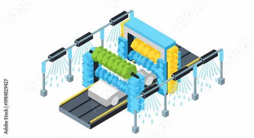 Automated Car Wash Station Isometric 3D Vector Illustration - Professional Vehicle Cleaning Service Concept