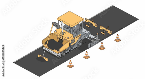 Wallpaper Mural Isometric Asphalt Paver Construction Machine Laying Road Surface with Traffic Cones and Tools Torontodigital.ca