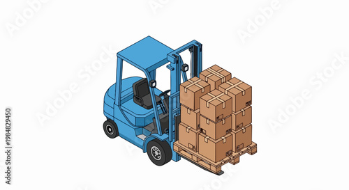 Wallpaper Mural Isometric Blue Forklift Truck Lifting a Wood Pallet with Cardboard Boxes Isolated on White Background. Industrial Logistics, Warehouse Shipping, and Supply Chain Illustration. Torontodigital.ca