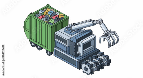 Wallpaper Mural Isometric Industrial Waste Shredder and Recycling Machine with Crane and Scrap Metal Container Torontodigital.ca