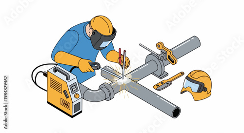 Wallpaper Mural Isometric Illustration of a Professional Welder Working on Metal Pipes with Welding Machine and Safety Equipment - Industrial Construction and Metalwork Concept Torontodigital.ca