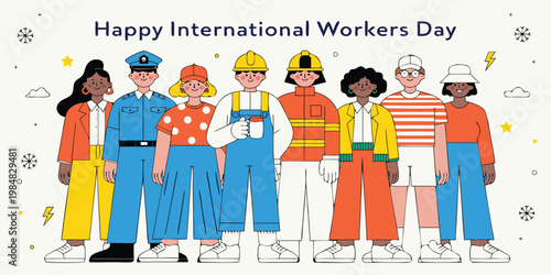 Diverse group of workers in uniform celebrating International Workers Day with smiles and festive elements.