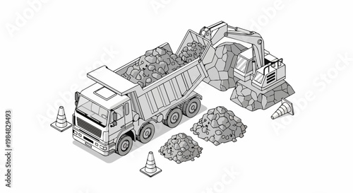 Wallpaper Mural Isometric Construction Illustration with Excavator Loading Rocks into a Dump Truck Torontodigital.ca