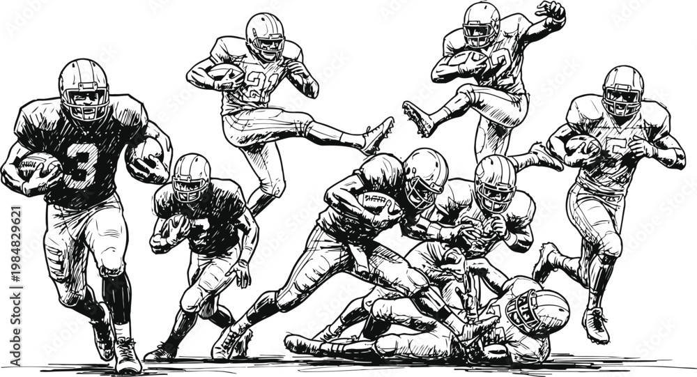 Fototapeta premium American football players in dynamic action during a game in sketch style
