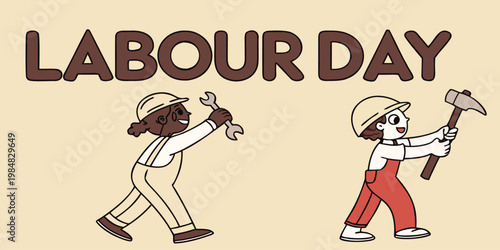 Two diverse cartoon workers with tools celebrate Labour Day with a cheerful, positive vibe.