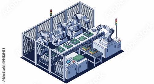 Wallpaper Mural Isometric Industrial Smart Factory Automated Robotic Arm Assembly Line for PCB Electronics Manufacturing Torontodigital.ca