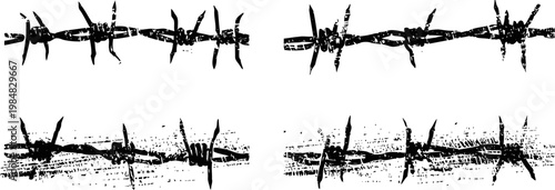 Grunge barbed wire textures four distressed black rough fence segments