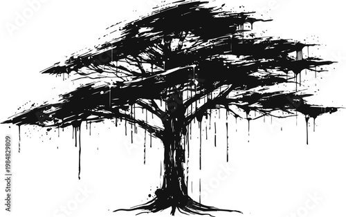 Ink splatter tree silhouette with dripping paint effect abstract nature illustration in black
