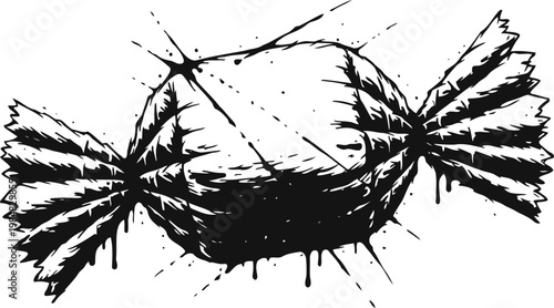 Wrapped candy silhouette with splashes sweet confectionery illustration with bold ink strokes and artistic splatter effects