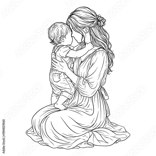 Hand Drawn Mother Holding Toddler Close Line Art Illustration