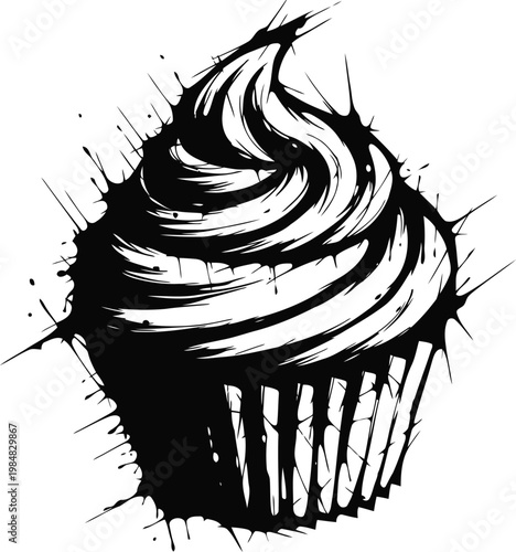 Black and white cupcake with creamy frosting splatter illustration
