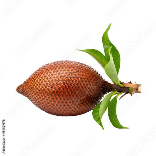 Whole durian fruit with stem and leaves isolated on transparent background