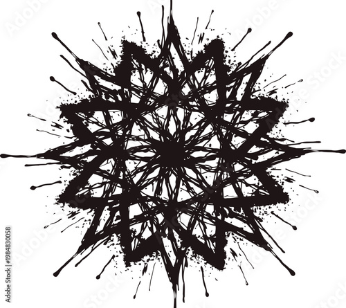 Abstract black splatter mandala design with sharp pointed edges and symmetrical pattern