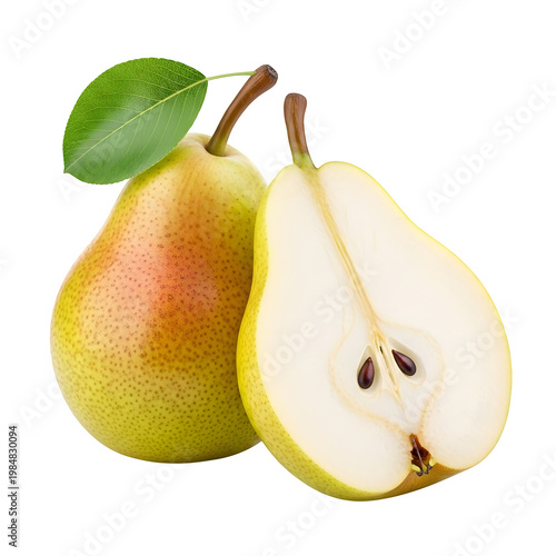Ripe green pear with leaf and slice isolated on transparent background