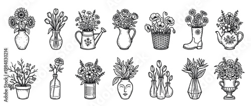 Various hand-drawn black and white flower arrangements in diverse containers showcase a charming collection of botanical illustrations with a rustic, artistic, and decorative appeal
