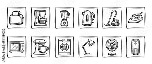 Hand drawn household appliance icons arranged in a grid pattern, showcasing various modern kitchen and home electronics with a charming sketchy illustration style
