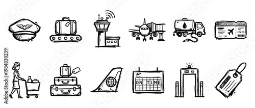 Set of hand-drawn airport and travel icons in a black sketch style, featuring a pilot cap, luggage, airplane, control tower, boarding pass, and flight attendant for aviation concepts
