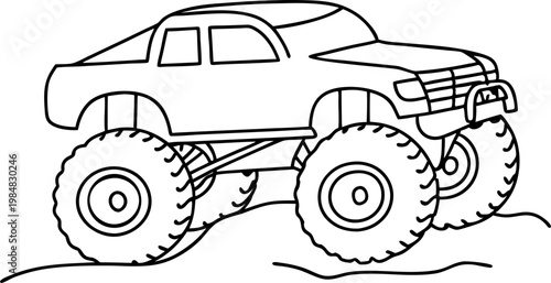 monster truck climbing over rocks with oversized tires and elevated suspension