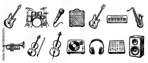 Various hand-drawn musical instruments and audio equipment are artistically depicted in a sketchy, black-and-white illustration, showcasing a diverse collection for music