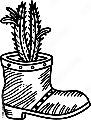 Decorative boot planter with cactus plants hand drawn garden pot illustration, rustic quirky home decor concept