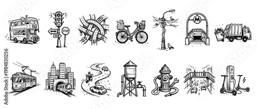 This extensive collection of hand-drawn urban infrastructure and transportation illustrations captures the bustling energy of city life in a charming doodle style