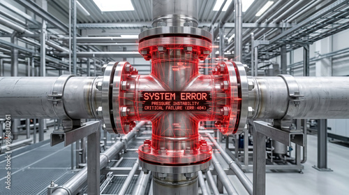 Industrial pipe joint pipeline valve pressure sensor alarm system error critical failure industrial factory Industrial pipe joint stainless steel pipeline with valve and sensor showing red alarm
