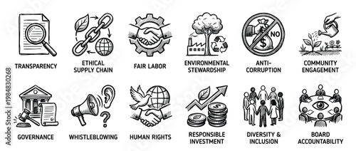 Hand-drawn sketch icon set illustrating ESG principles like transparency, diversity, anti-corruption, and responsible investment for corporate ethics and governance