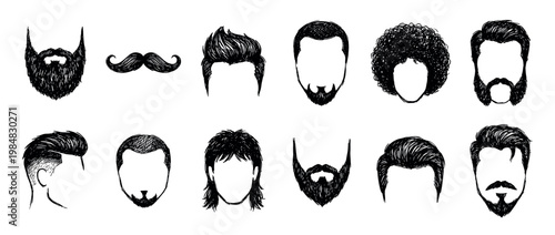 Hand-drawn men's hairstyles, beards, and mustaches in a black and white sketch style, showcasing a diverse collection of masculine grooming and fashion trends for a barbershop