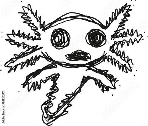 Sketch of an axolotl with wide eyes and feathery gills in a playful, abstract black ink drawing