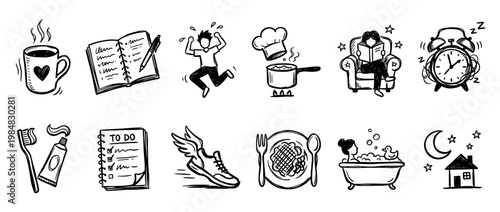 Hand drawn doodle icon set illustrating daily routine activities like waking up, cooking, exercising, reading, and sleeping in a simple sketch style