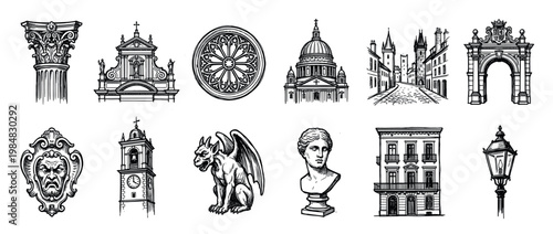 Collection of vintage European architectural sketches featuring a column, cathedral, gargoyle, and classical bust in a detailed black and white hand-drawn ink style
