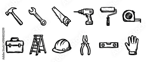 Set of hand-drawn construction tool icons including a hammer, saw, drill, and helmet, depicted in a simple black and white doodle style for building and repair projects