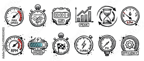 Collection of hand-drawn performance measurement icons in a sketch doodle style, featuring speedometer, stopwatch, tachometer, and gauges for speed, power, and efficiency concepts