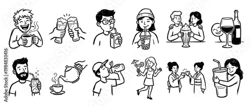 Set of hand-drawn doodle illustrations showing diverse people enjoying various beverages like coffee, tea, beer, wine, and bubble tea in a charming black and white line art style