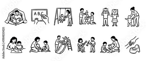 Set of hand-drawn line art illustrations showing various parenting and childhood development activities like reading, playing, learning, and daily family routines in a simple doodle style
