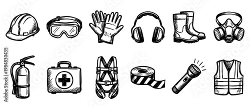 Hand-drawn safety equipment icons set collection showing personal protective gear like helmet, goggles, gloves, and boots in a black and white sketch doodle illustration style