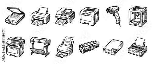 Hand-drawn set of office equipment icons including various printers, a scanner, and a plotter in a black and white sketch style, representing business and technology concepts