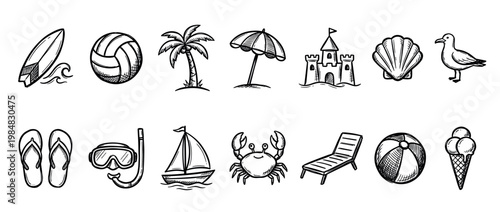 Collection of hand-drawn summer beach vacation icons, including a surfboard, volleyball, palm tree, umbrella, sandcastle, seashell, and other holiday elements, all rendered in a charming doodle style