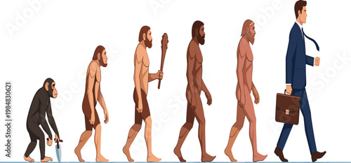 Human Evolution Stages Illustration from Primitive Ape to Modern Businessman Walking with Briefcase Showing Progress, Development, Civilization, and Professional Lifestyle Transformation.