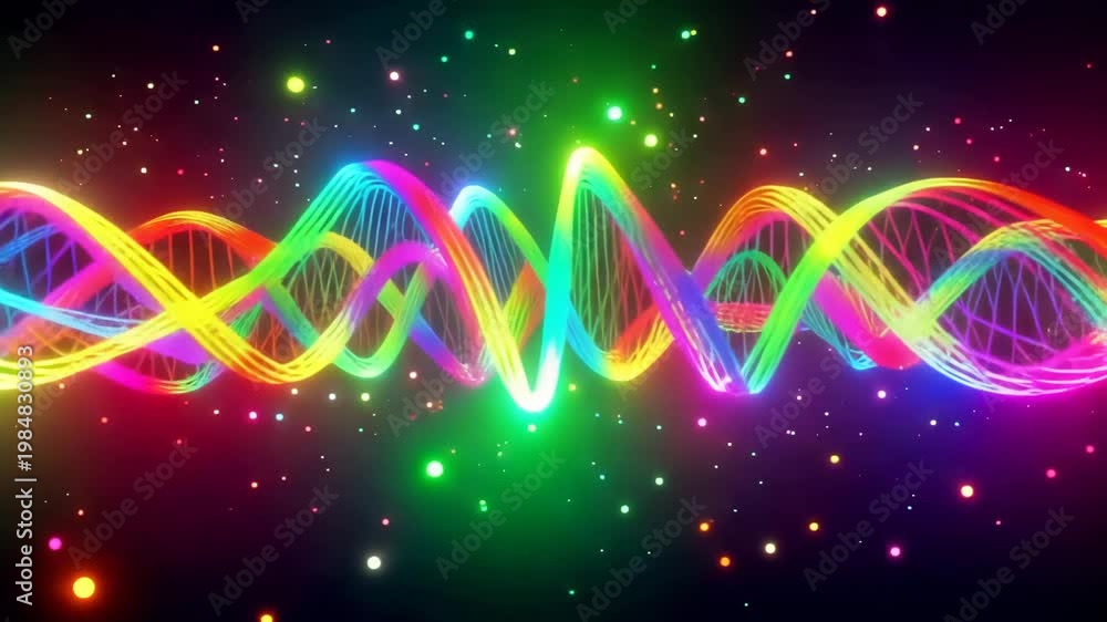 Abstract colorful glowing DNA helix with sparkling particles in motion ...